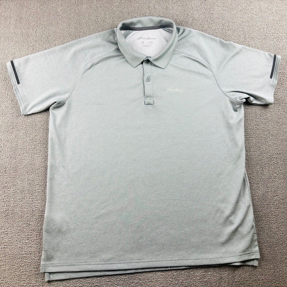 Eddie Bauer Polo Shirt Men L Gray Solid Polyester Short Sleeve Activewear Sporty